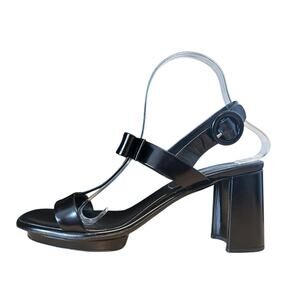 Prada Black Patent Leather T Strap Bow Open Toe Block Heel Sandals 40